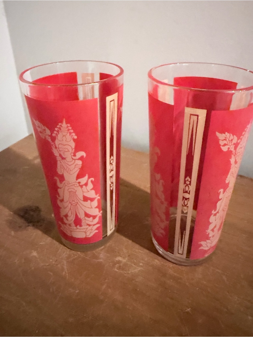 2 Vtg CULVER SIAM THAI GODDESS 6.5" Tall Tumbler Drinking Glasses-Hindu-MCM 60's